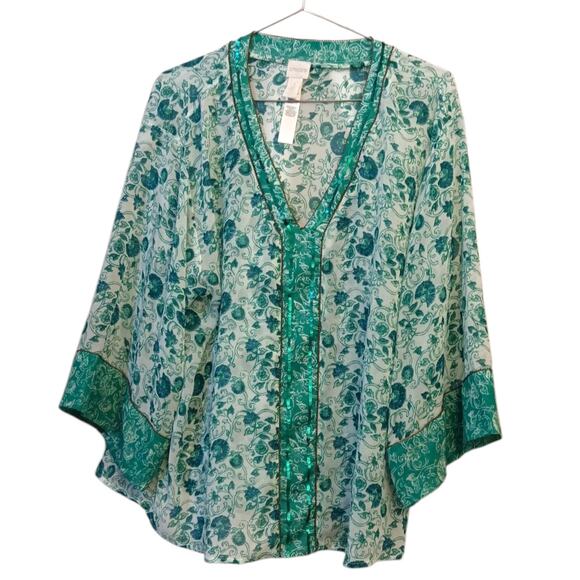 CHICO'S 3 Blouse‎ Top Tunic Swim Cover Up XL Sheer Beaded Sequin Beach Vacation - Picture 1 of 9